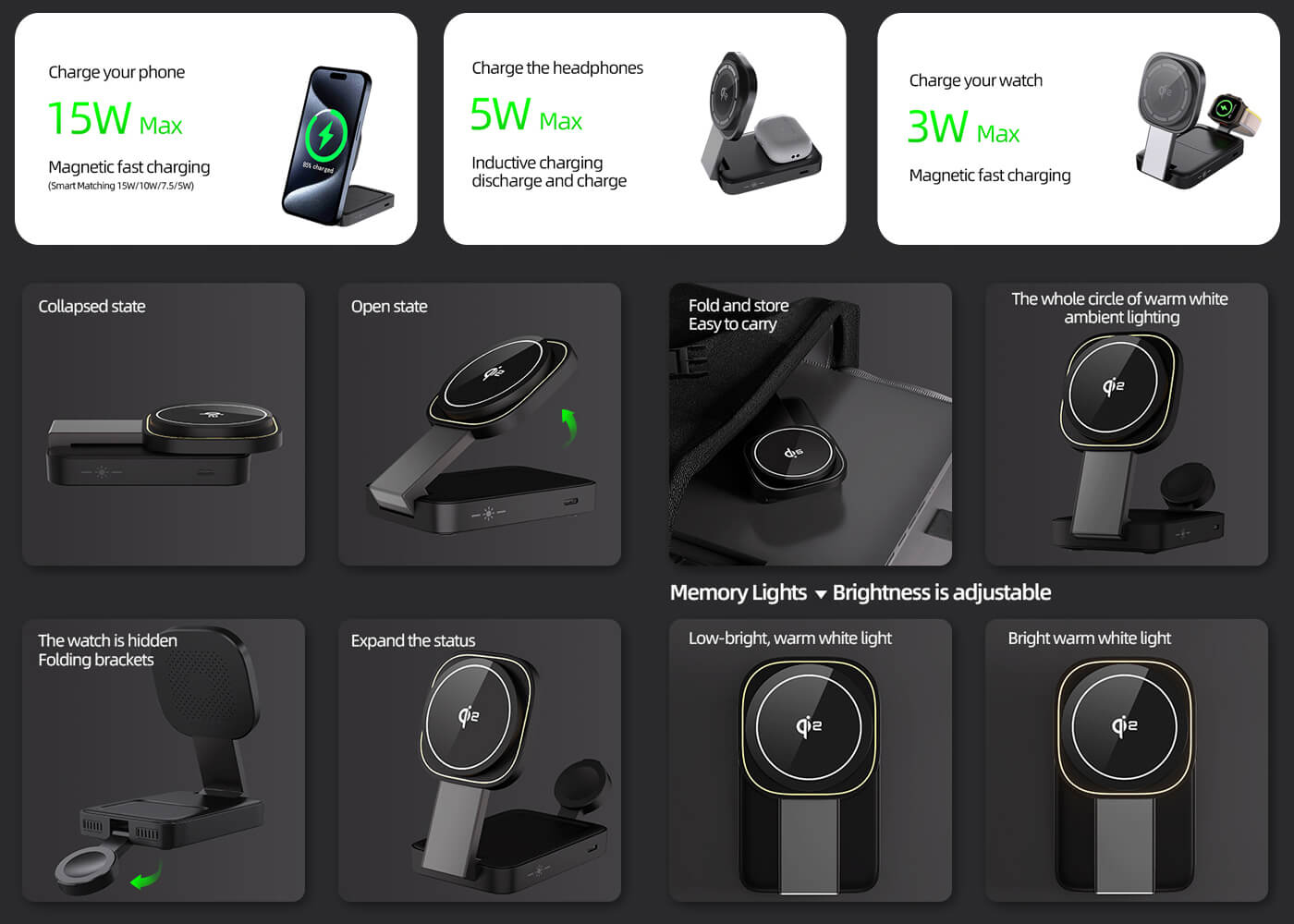 Qi2 3-IN-1 Foldable Wireless Charger for Apple Products,Mag-Safe Charger Wireless Charger Stand Compatible with iPhone 16/15/14/13/12 & Air-Pods& iWatch Series with LED,Mag-Safe Charger Stand Dock