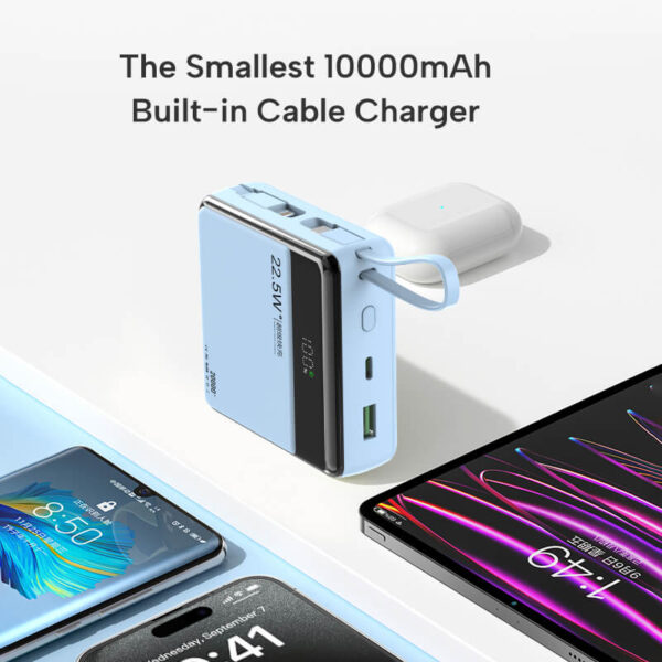 Small Portable Charger with Built in Cable, 10000mAh Smart LED Display Mini Power Bank