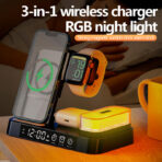 3in1 Foldable Wireless Charging Station, Fast Magnetic Charger for Multiple Devices with Alarm Clock and Night Light