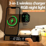 3in1 Foldable Wireless Charging Station, Fast Magnetic Charger for Multiple Devices with Alarm Clock and Night Light