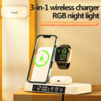 3in1 Foldable Wireless Charging Station, Fast Magnetic Charger for Multiple Devices with Alarm Clock and Night Light